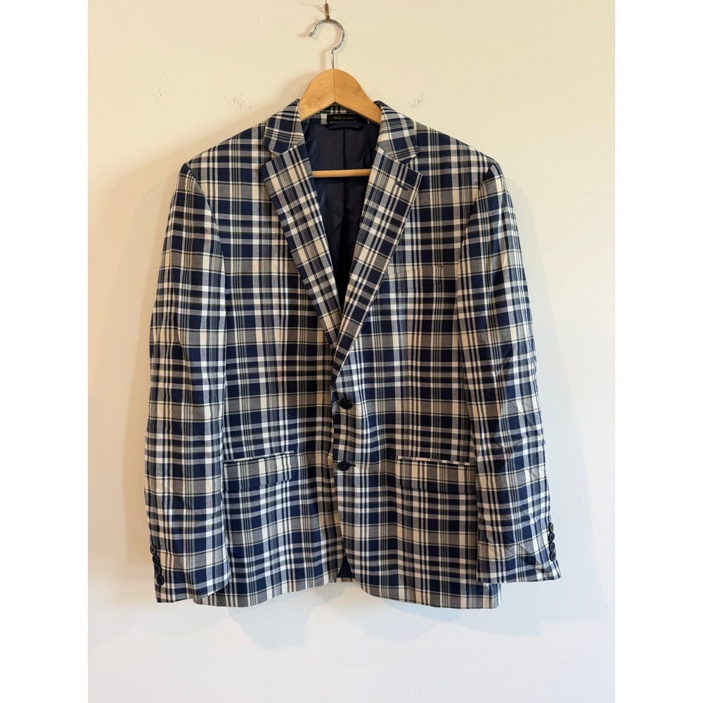 Lauren Ralph Lauren Mens 40R Plaid Cotton Sport Coat Navy Blue White Blazer